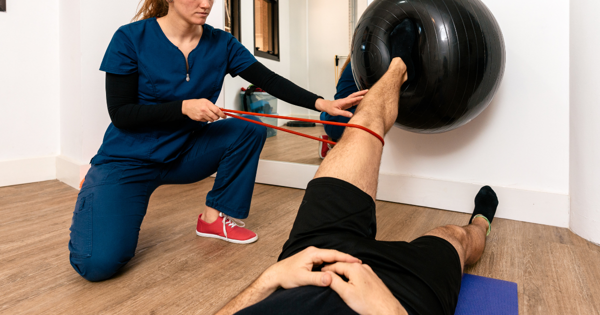 Physiotherapy with exercise ball and bands