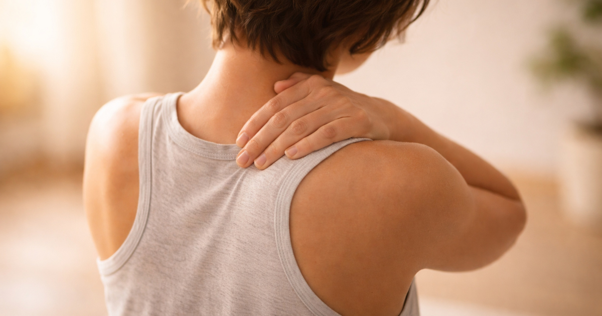 Short-haired female clutching the back of neck near her spine in pain